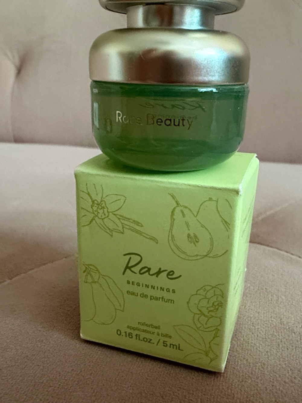 Rare Beauty Green Pear Fragrance Bottle and Box - Green and Gold